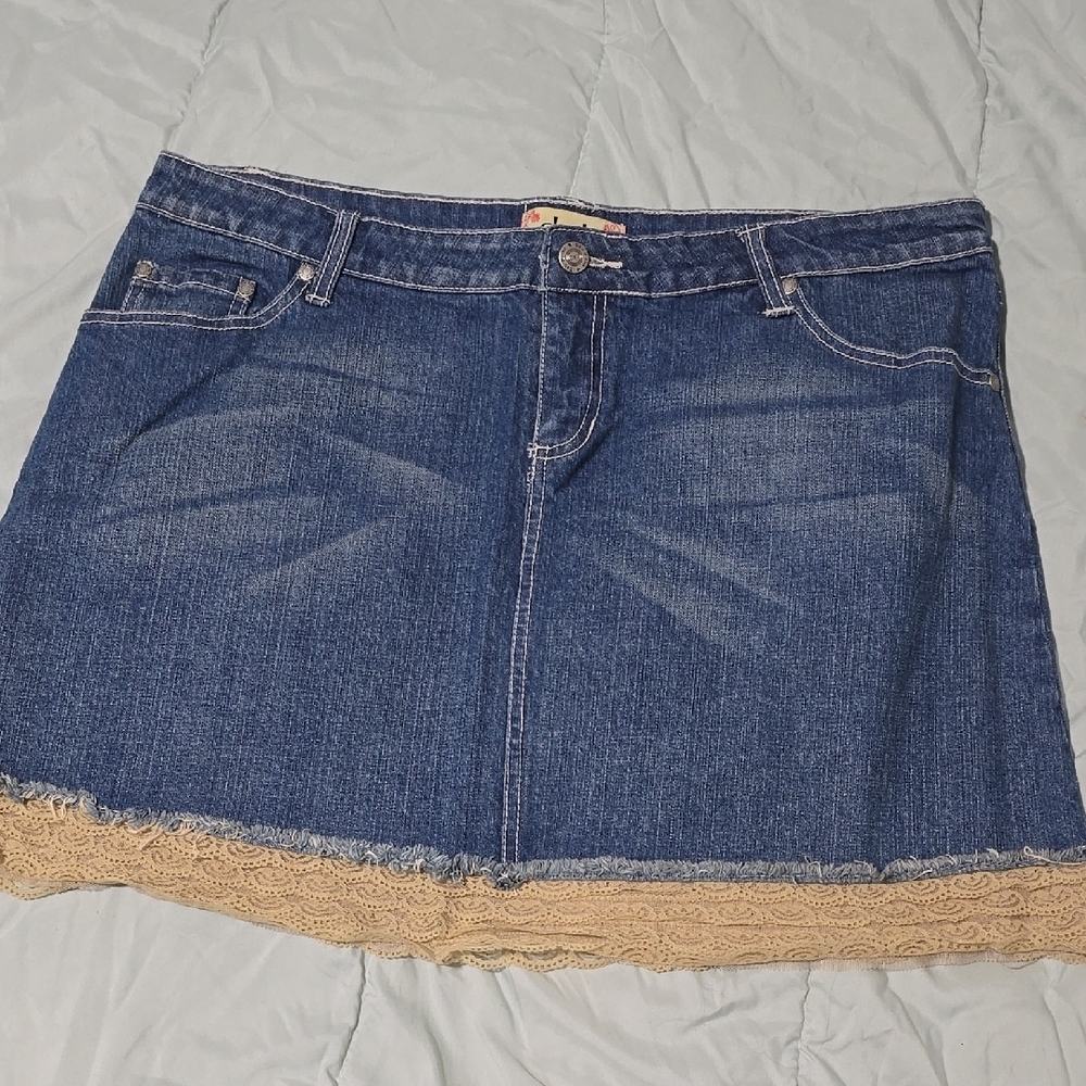 Denim Skirt with Lace Trim